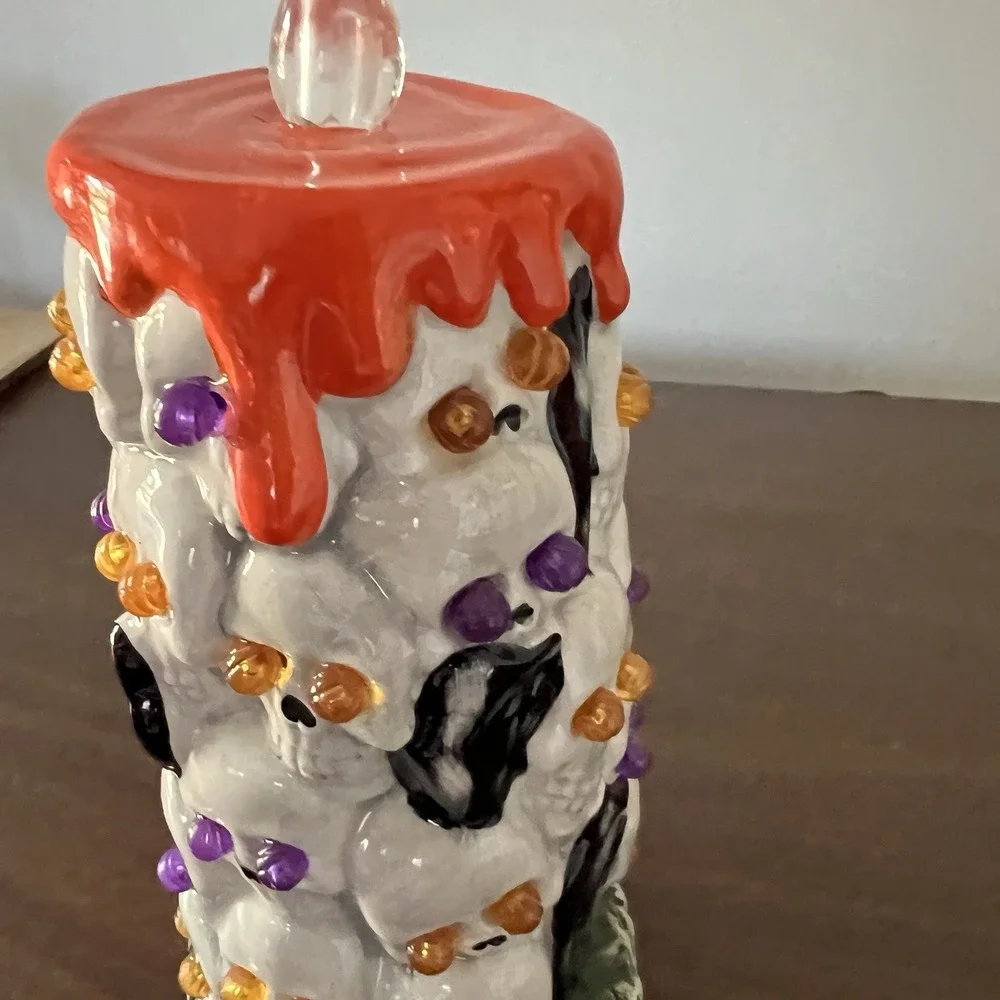 Ceramic Halloween Skull Candle Light Up Red Drip Purple Orange Eyes Decor